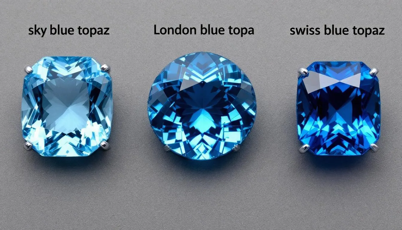 The image showcases three varieties of blue topaz: Sky Blue Topaz, London Blue Topaz, and Swiss Blue Topaz, each exhibiting distinct shades of blue ranging from light robin's egg blue to deep, rich hues. These stunning gemstones, known as December's birthstones, are often used in jewelry such as earrings, necklaces, and rings, symbolizing good fortune and beauty.