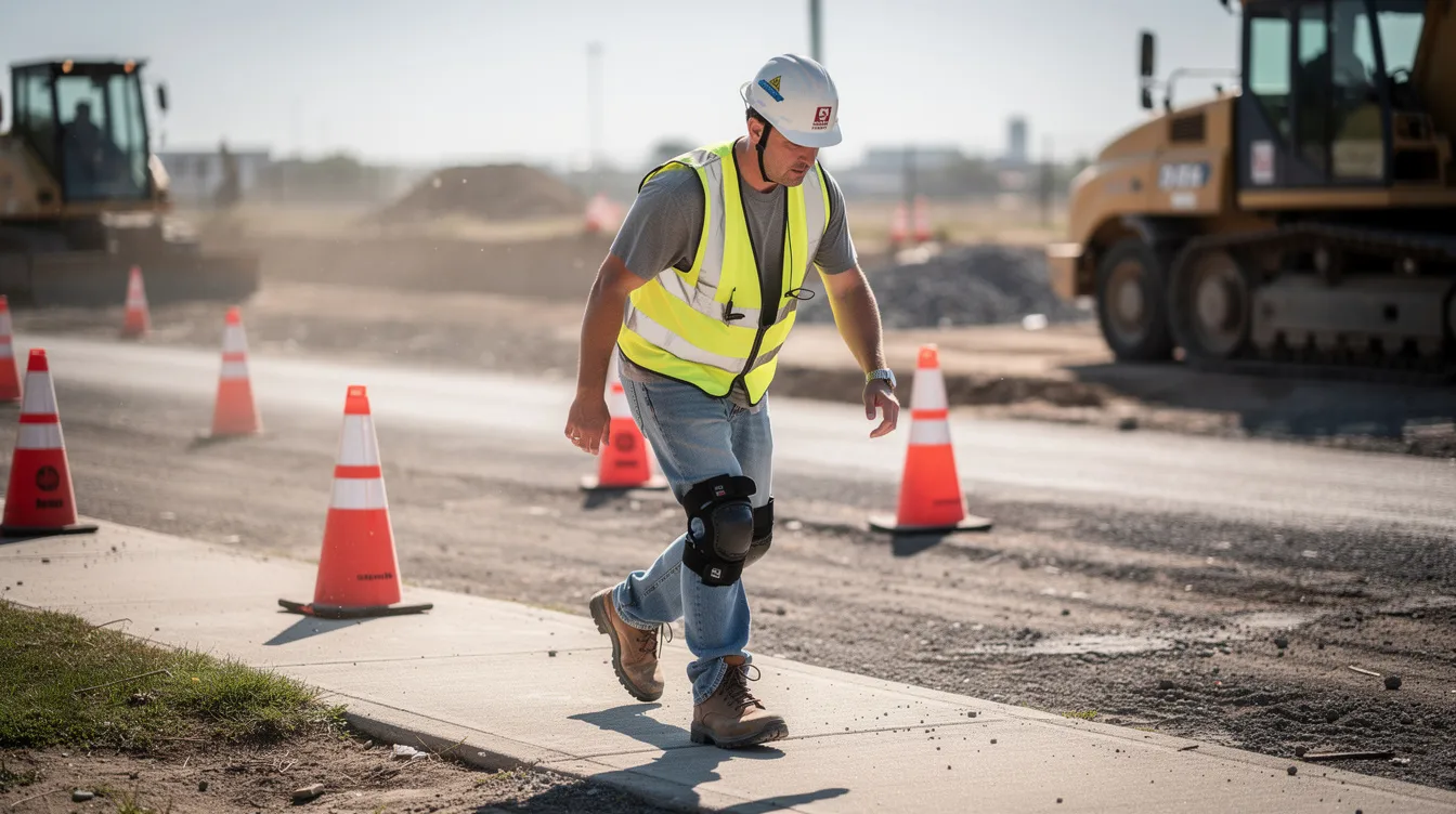 A worker is seen walking carefully outdoors while wearing a knee brace, indicating a recent knee injury. This image highlights the challenges faced by injured workers as they navigate recovery and the potential need for workers compensation benefits and medical treatment.