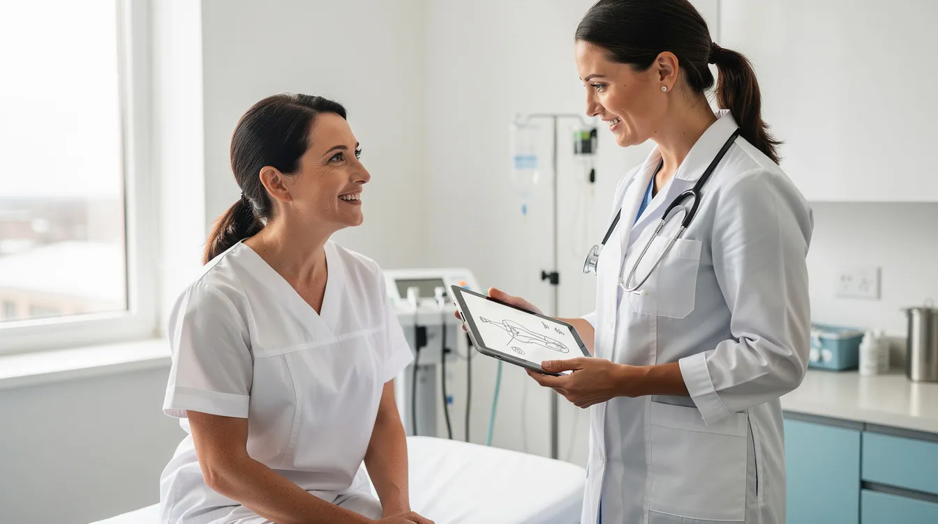 Una mujer sonriente lleva una bata médica durante una consulta con su cirujana en un consultorio moderno y luminoso, donde se discuten opciones para un mommy makeover que incluye procedimientos como el levantamiento y aumento de senos. La atmósfera es acogedora, reflejando un ambiente de confianza y profesionalismo en la cirugía plástica.