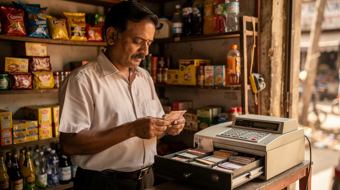 e8b3a16c 2505 4b20 bfe3 0e60c064d9d9 An Indian shop owner is seen counting money at a cash register in a retail store, showcasing the daily operations of a small business. This scene reflects the financial activities involved in managing a business, which may include using tools like a business loan EMI calculator to track loan details and repayments.