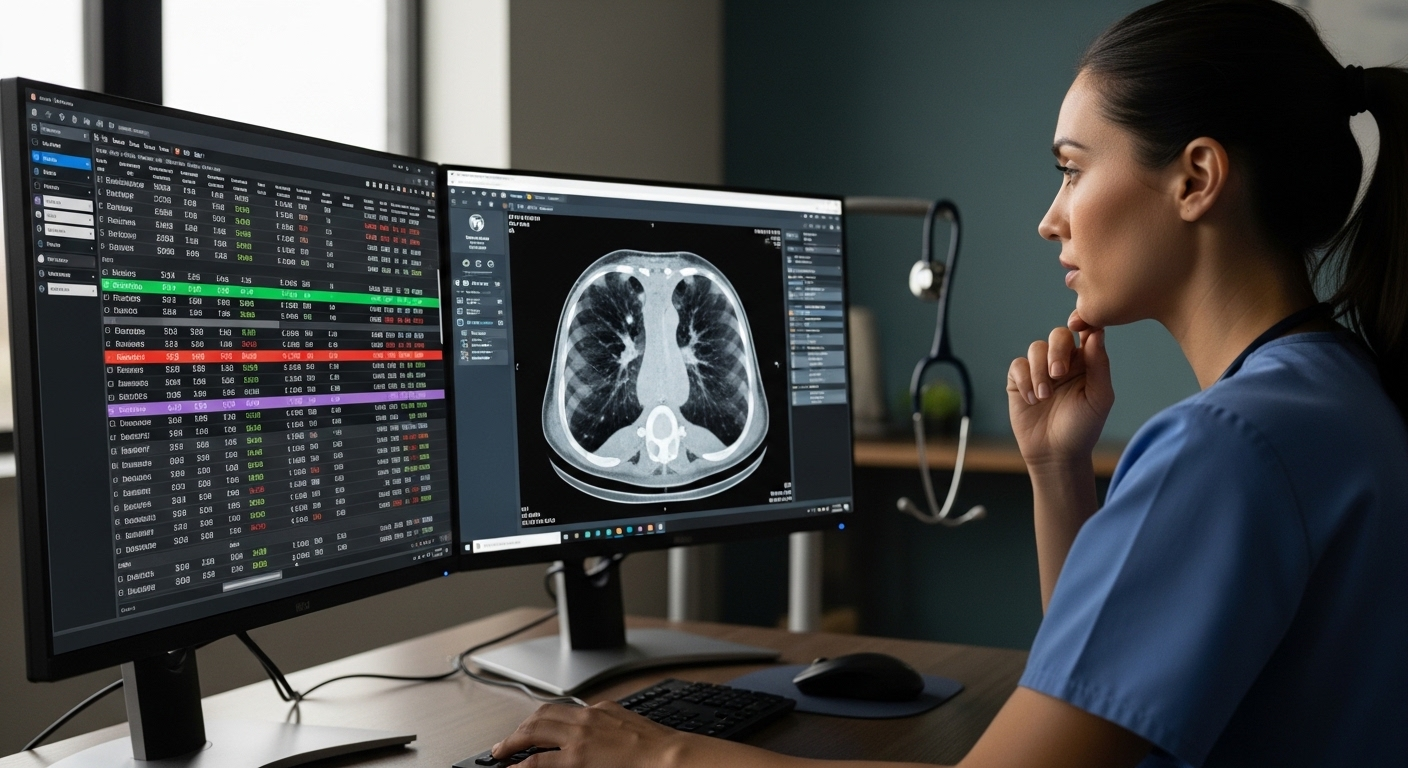 Clinician reviewing real-time lab results and medical imaging on a cloud-based virtual desktop.