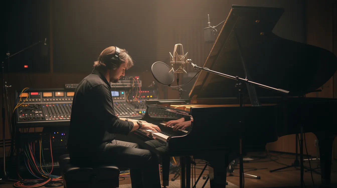 Ein Musiker sitzt an einem Flügel in einem abgedunkelten Aufnahmestudio, umgeben von Mikrofonen und Mischpulten, während er eine emotionale Melodie spielt. Die Atmosphäre des Raumes ist intensiv und kreativ, ideal für die Entwicklung von musikalischen Storylines, ähnlich wie in einer packenden Fernsehsendung.