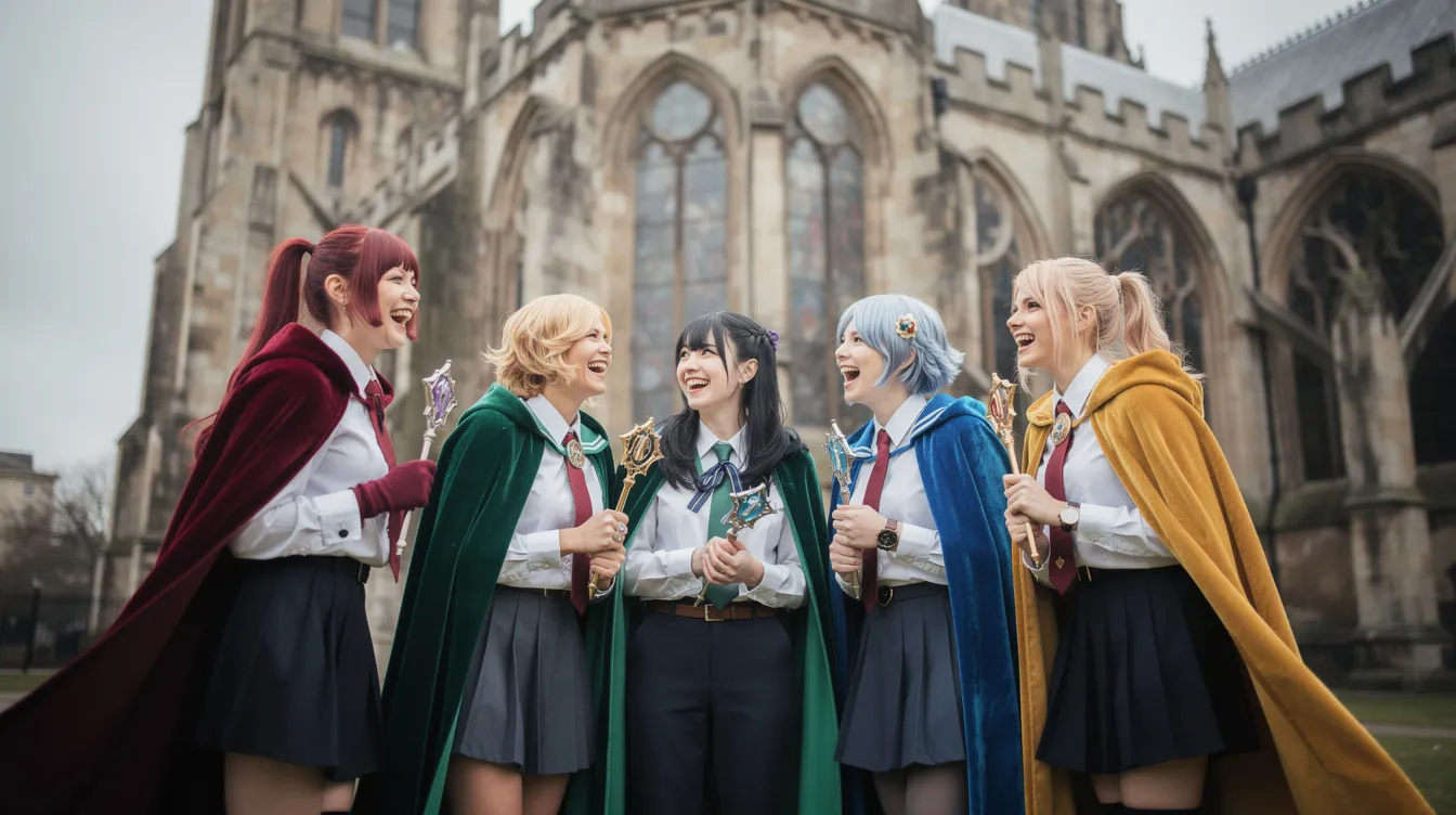 Eine Gruppe von Cosplayern in detailgetreuen Hogwarts-Schuluniformen, ausgestattet mit bunten Umhängen und Zauberstäben, posiert lachend vor einem beeindruckenden gotischen Gebäude. Die Szene erinnert an die magische Welt von Harry Potter und zeigt die Freundschaft und den Spaß der Charaktere Harry, Ron und Hermine.