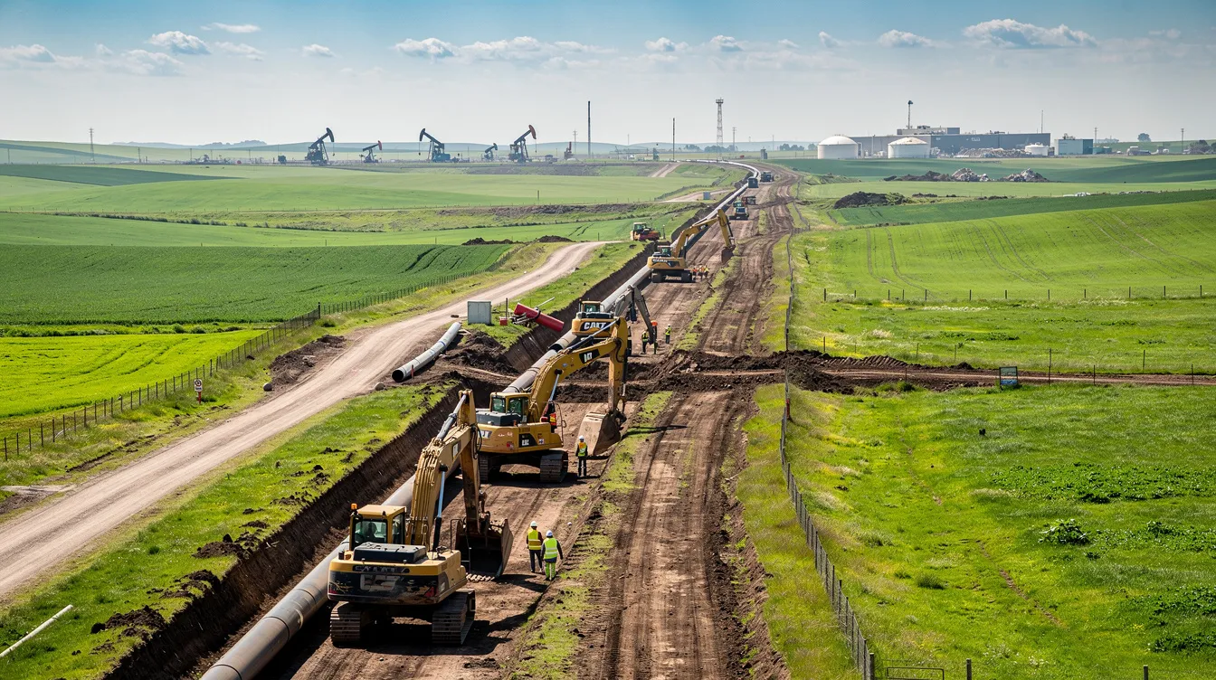The image depicts heavy pipeline construction equipment working across a rural landscape, surrounded by lush green fields and distant oil and gas infrastructure. This scene highlights the ongoing oil and gas development activities, reflecting the importance of oil and gas leases and the infrastructure necessary for gas exploration and production.