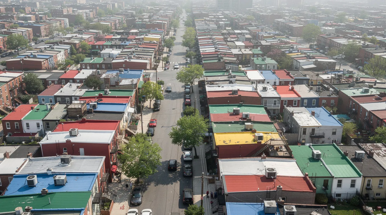 An aerial view showcases a vibrant array of colourful residential rooftops in a New York City outer borough neighbourhood, highlighting the diversity of single-family homes and investment properties. This scene reflects the potential for real estate investors and hard money lenders to find lucrative opportunities in the bustling New York real estate market.