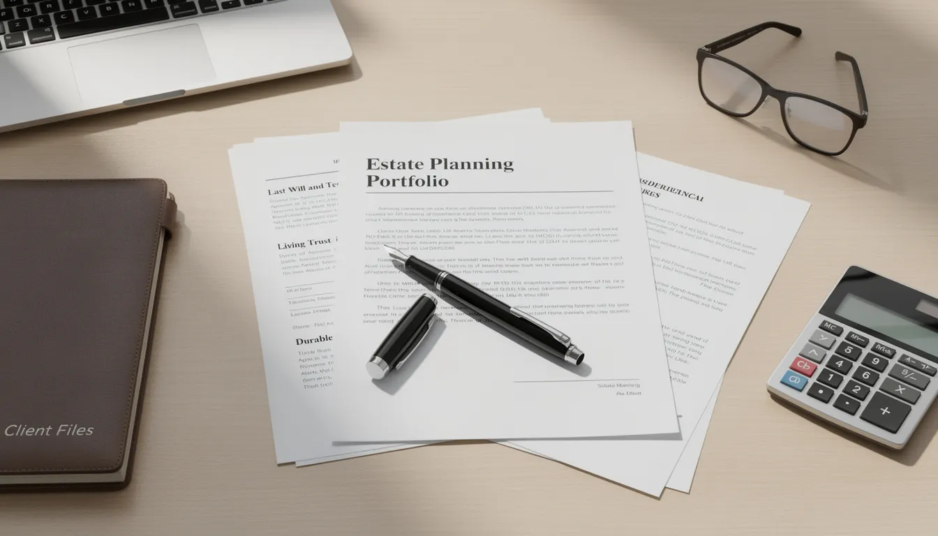 A collection of estate planning documents is neatly arranged on a desk, accompanied by a pen, symbolizing the importance of comprehensive financial planning for a secure retirement. This scene reflects the coordination needed to achieve retirement goals and manage one's financial future effectively.