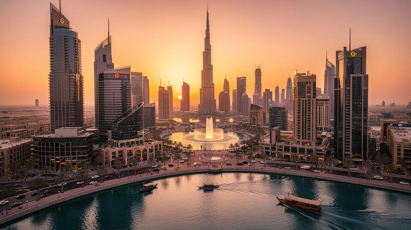 A imagem mostra uma vista deslumbrante de Dubai, com arranha-céus imponentes e a famosa Burj Khalifa ao fundo, refletindo a modernidade e o luxo da cidade. O cenário é emoldurado por um céu azul claro, transmitindo a sensação de um destino vibrante e cheio de vida.