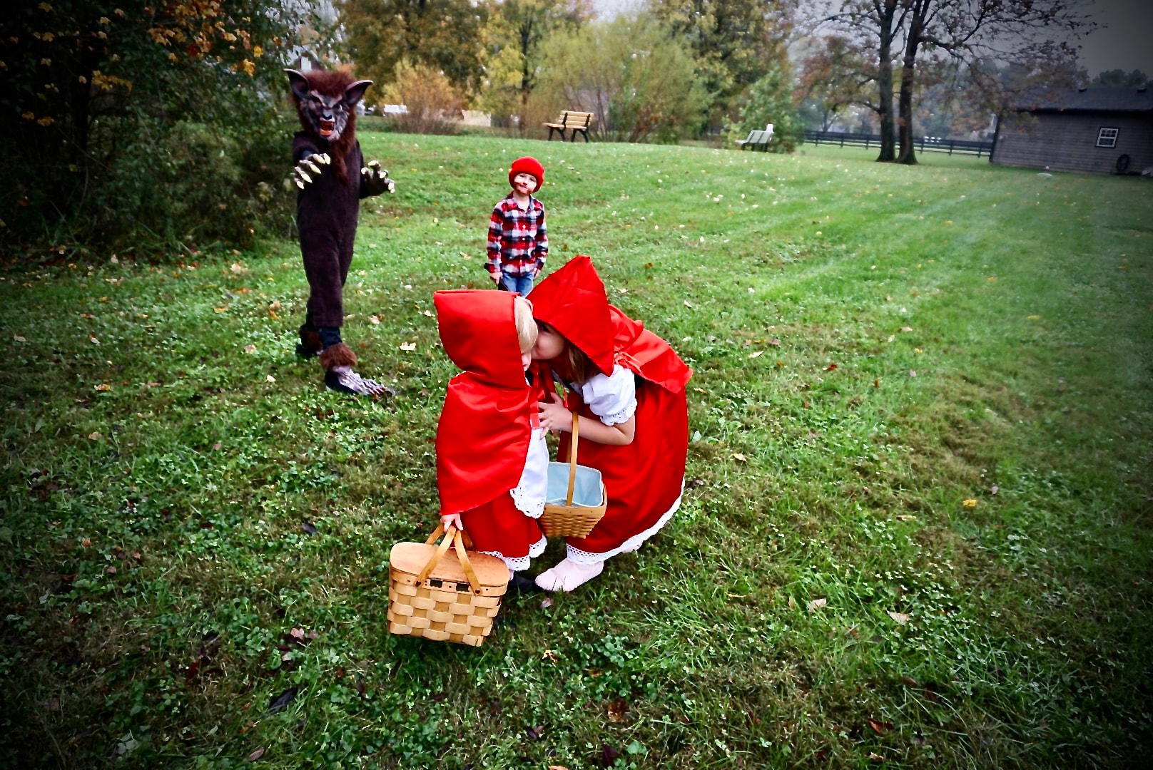 Halloween costumes- red riding hood with the wolf in the background