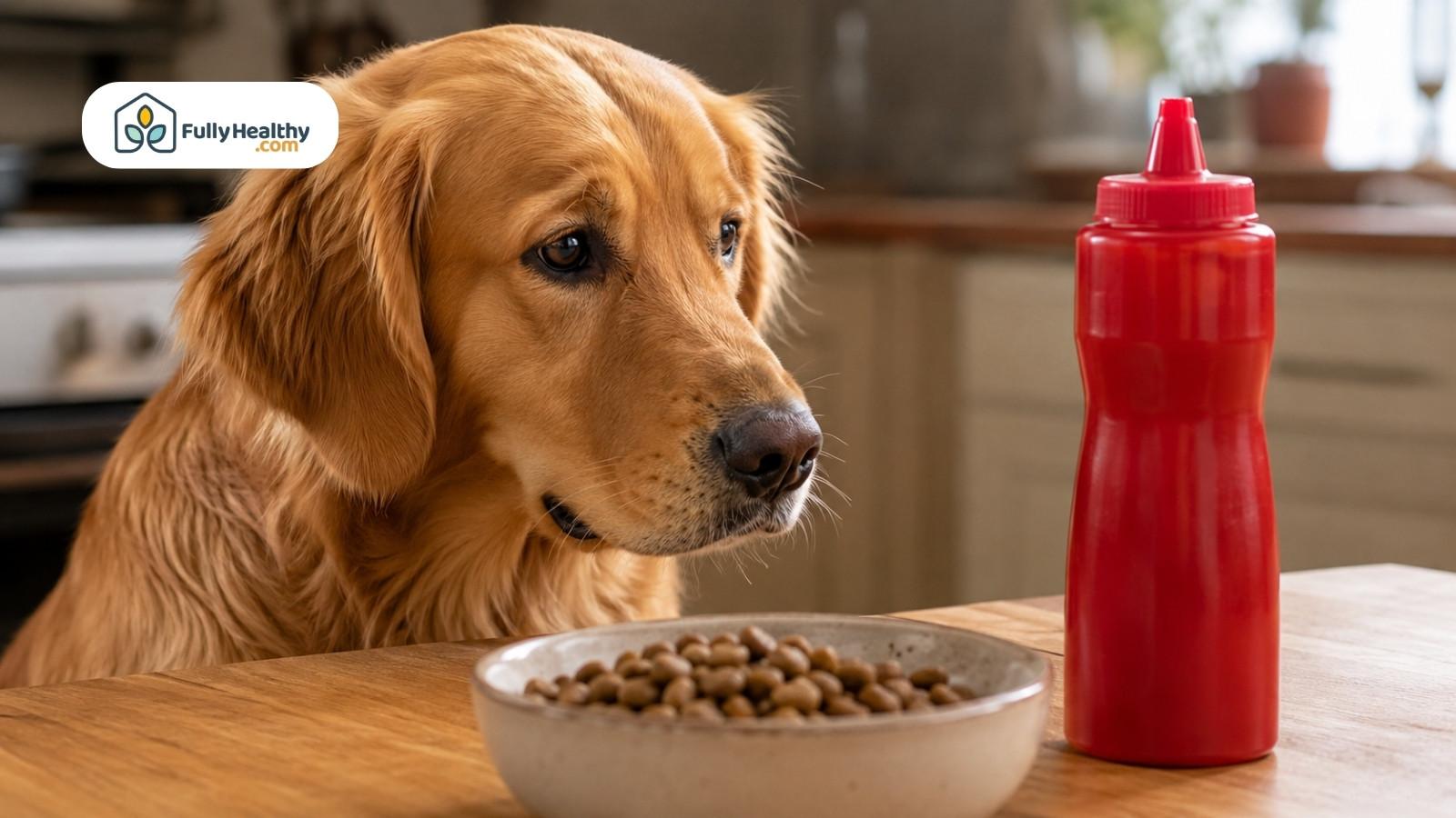 Golden retriever looking at red ketchup bottle beside bowl of dog food