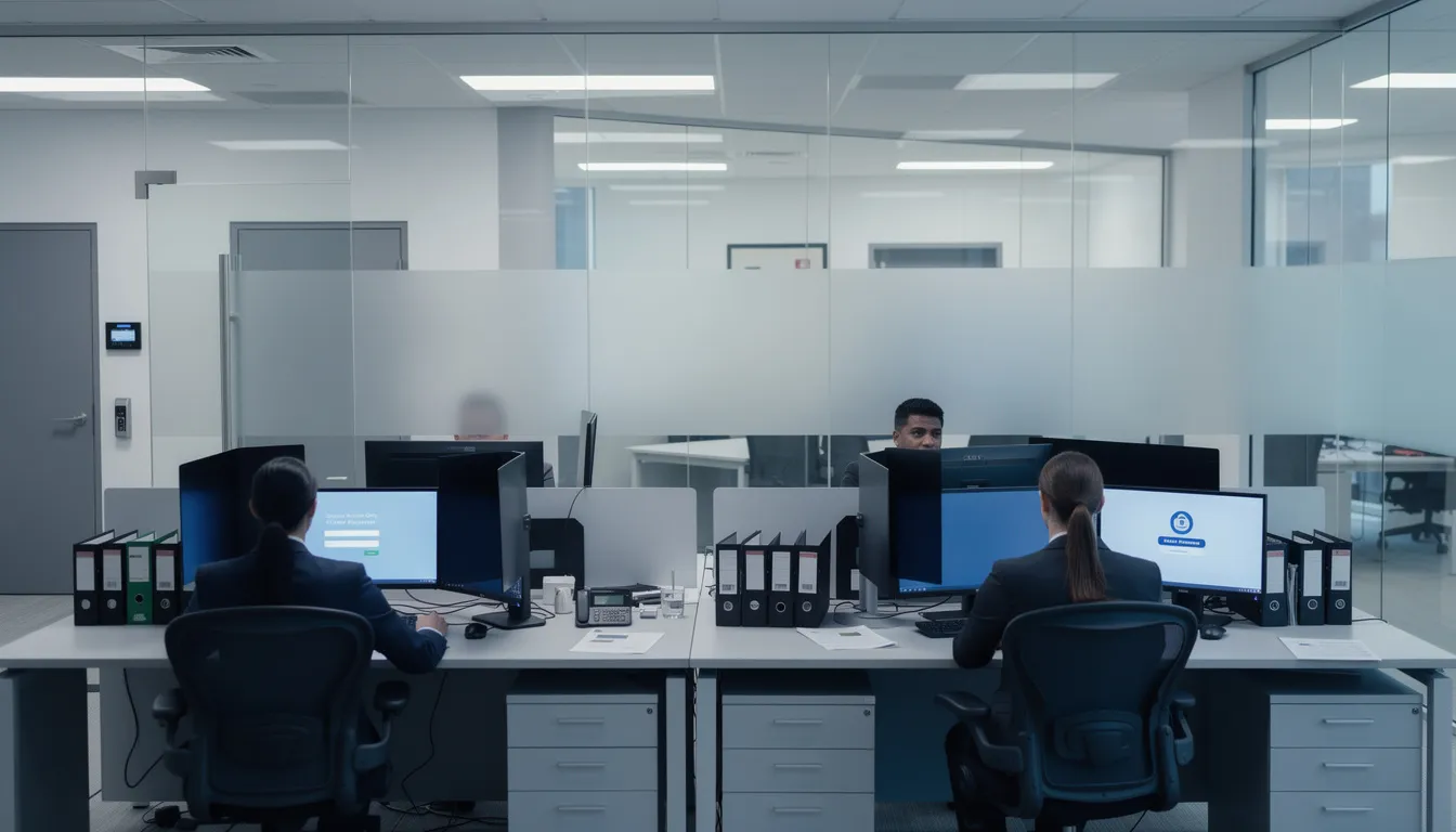 The image depicts a secure real estate office environment featuring locked computers and privacy screens, emphasizing the importance of client confidentiality and data protection for real estate professionals. This setup supports effective client communications and enhances the use of essential tools within the real estate tech stack for managing transactions and generating leads.