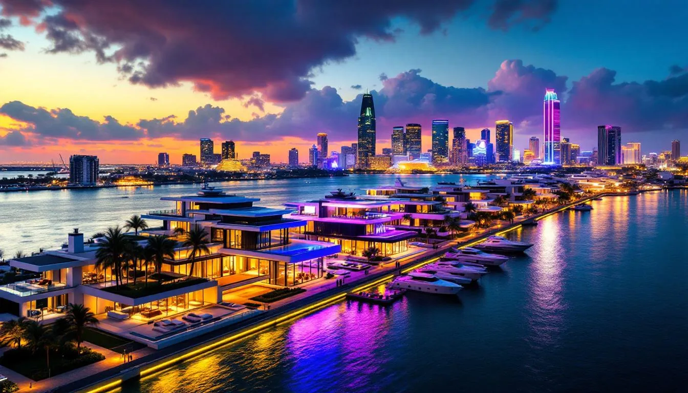 An overview of Millionaires Row in Miami, showcasing luxurious homes and the Miami skyline.