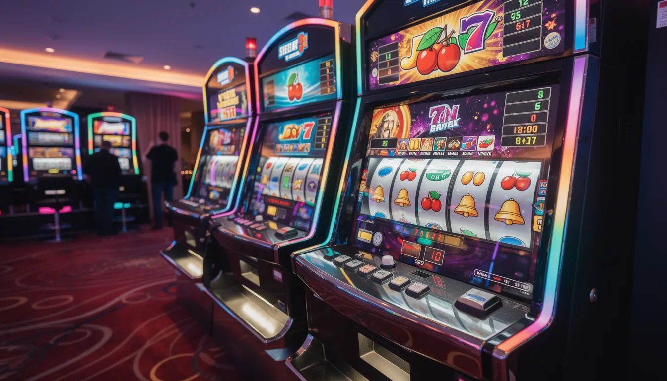 En bild av färgglada spelautomater i ett modernt kasino med livliga ljus, som skapar en spännande atmosfär för spelare. Hos Yako Casino kan nya spelare njuta av ett brett spelutbud och bonusar, inklusive 100 free spins.