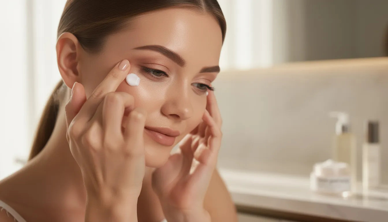 Na zdjęciu widoczna jest kobieta, która delikatnie nakłada krem pielęgnacyjny na okolice oczu, zwracając uwagę na skórę powiek. W kontekście medycyny estetycznej, odpowiednia pielęgnacja może być istotna w przypadku zmian skórnych, takich jak kępki żółte, które często wymagają usuwania.