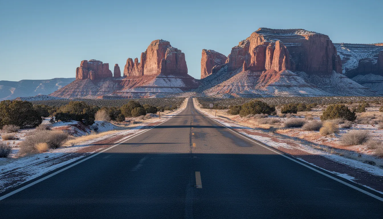 A long, deserted road stretches toward striking red rock formations beneath a clear blue winter sky, showcasing the natural beauty of a winter destination. This picturesque scene evokes the allure of winter weekend getaways, perfect for outdoor enthusiasts seeking adventure in national parks like Death Valley National Park.
