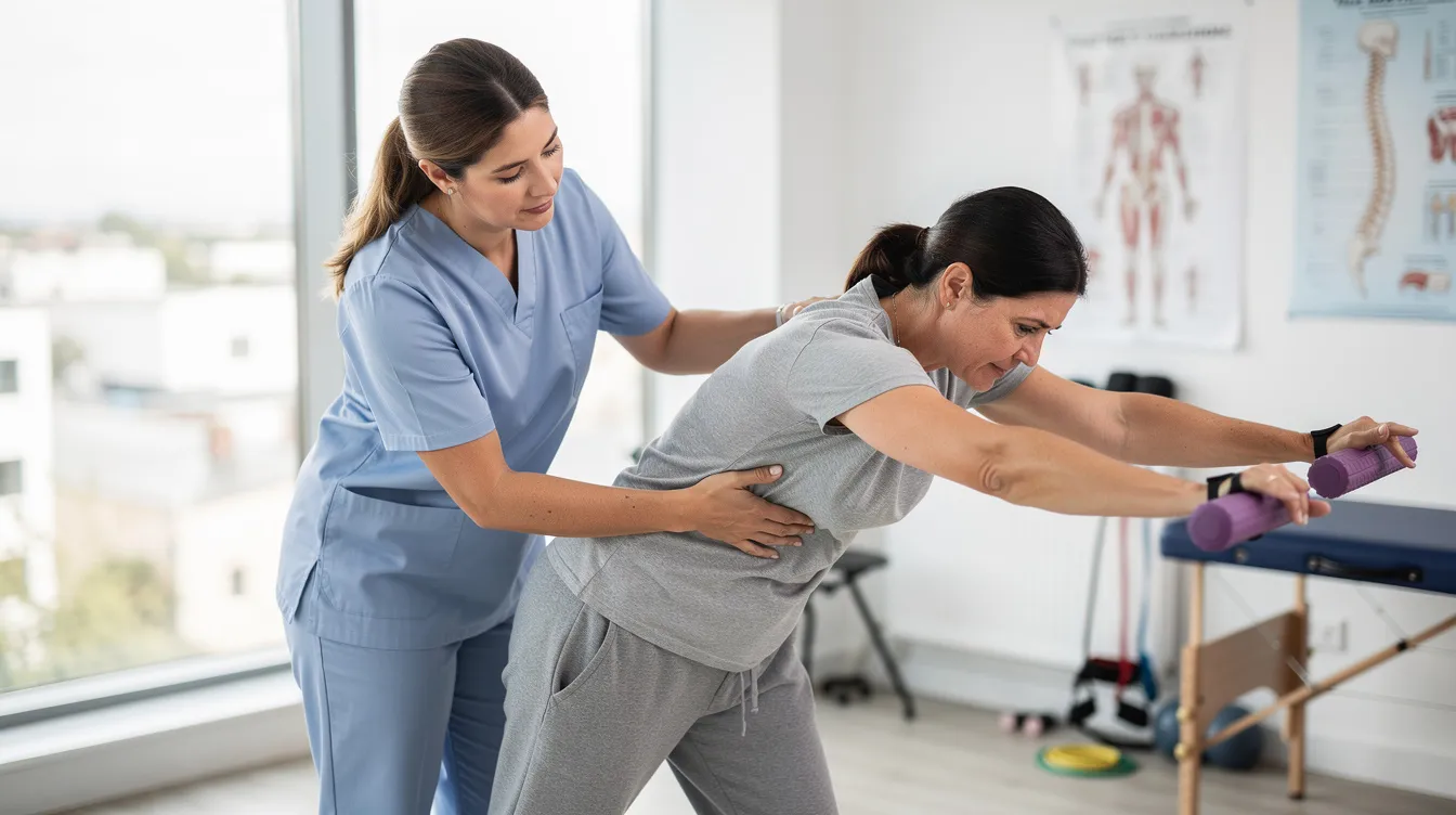 A healthcare worker is assisting a patient with a back injury during a physical therapy session, focusing on rehabilitation techniques to help the patient recover from their workplace injury. This scene emphasizes the importance of medical treatment and support for injured workers seeking to navigate the workers compensation system.