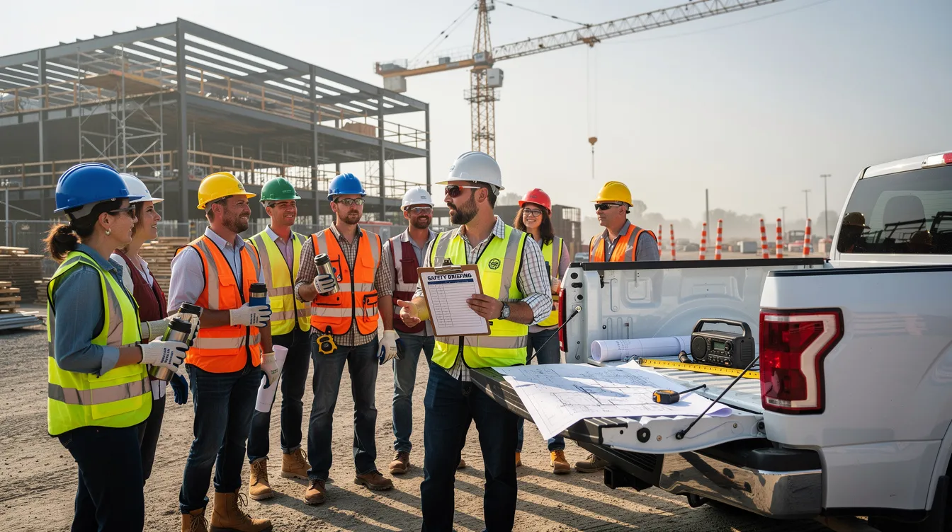 A construction foreman is leading a morning safety briefing with crew members gathered around a tailgate on a commercial jobsite, emphasizing the importance of safety procedures and the company's safety culture to reduce workplace injuries and workers compensation claims. The crew listens attentively as they review safety rules and protocols to ensure a safe work environment.