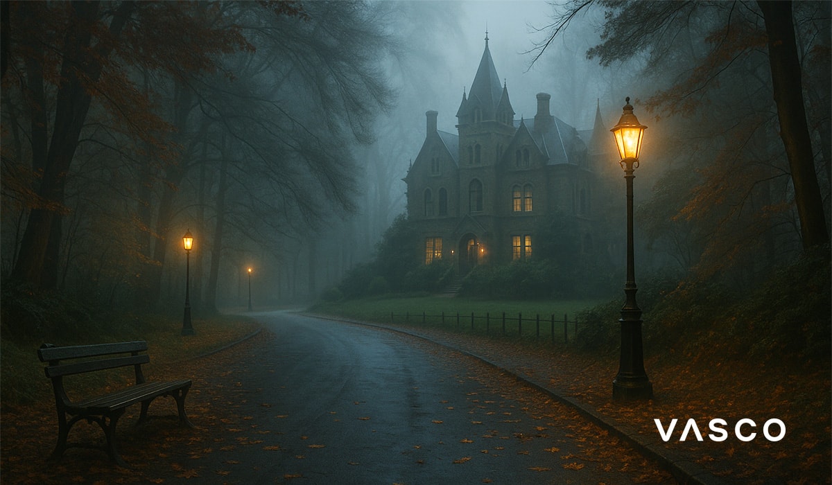 ködös ösvény, ami egy régi gótikus házhoz vezet az őszi erdőben