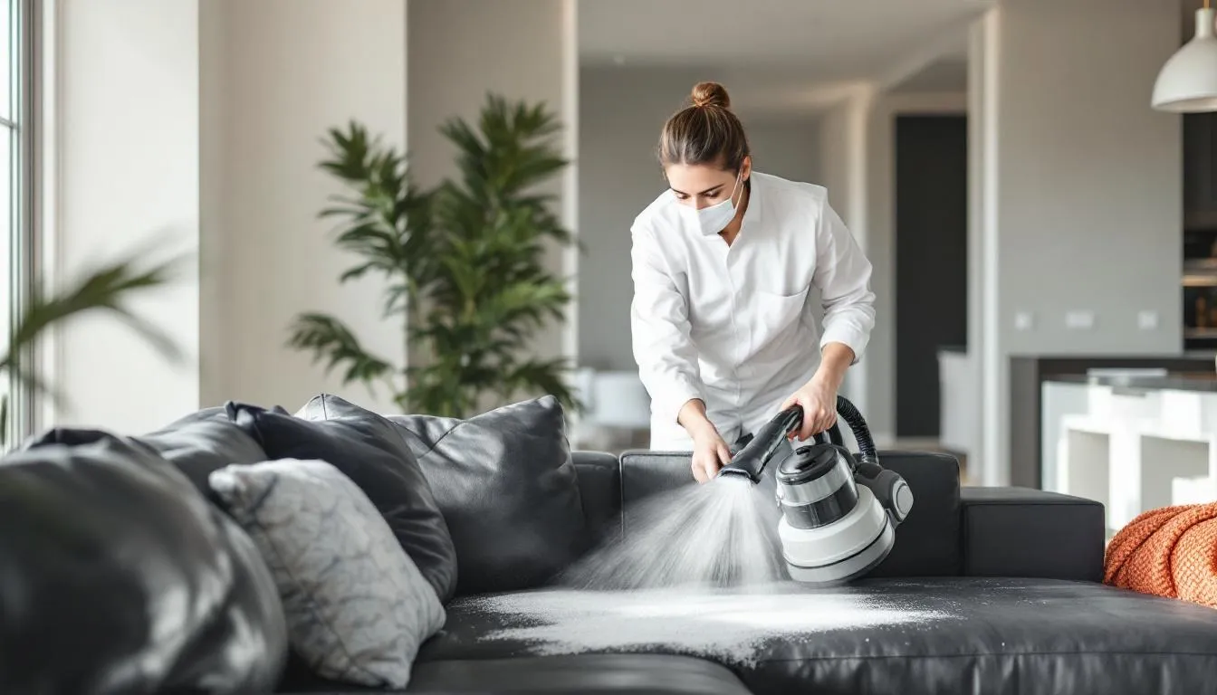 A professional cleaner using steam cleaning equipment on a sofa, demonstrating comprehensive sofa deep cleaning services.