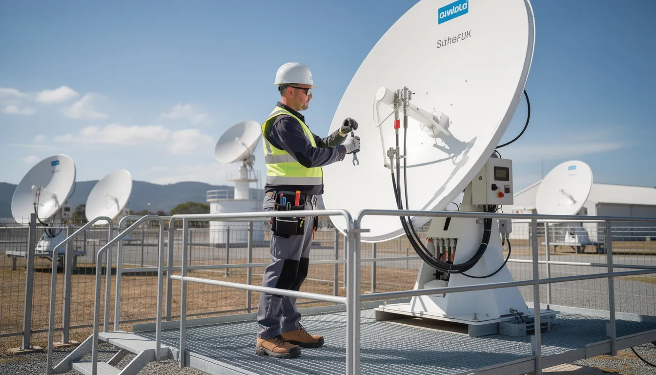A technician in work gear is outdoors, adjusting satellite equipment to ensure optimal signal reception for a DSTV installation. This skilled professional is part of the trusted DSTV installation services team, providing quality service and expertise for customers in Diep River.