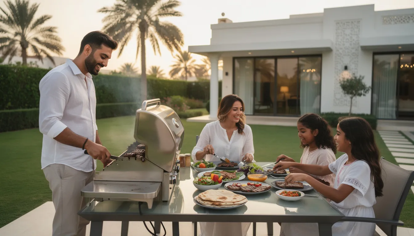 A family is gathered around a clean outdoor BBQ grill in a beautiful villa garden in Dubai, enjoying a meal together. The grill, which has been maintained through professional BBQ cleaning services, looks spotless and ready for cooking, ensuring a safe and enjoyable barbecue experience.