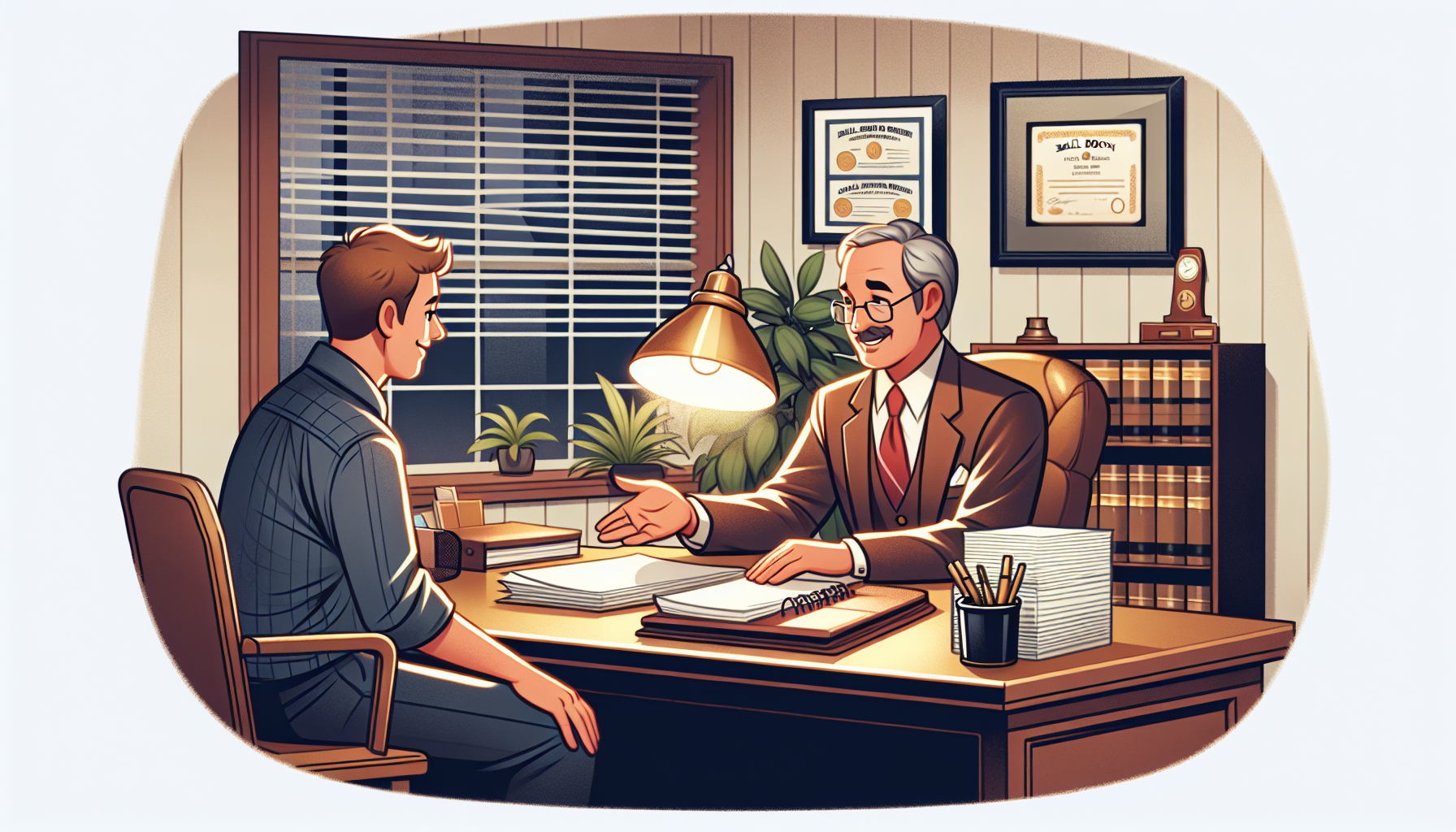 A cartoon representation of a bail bond agent assisting a client.