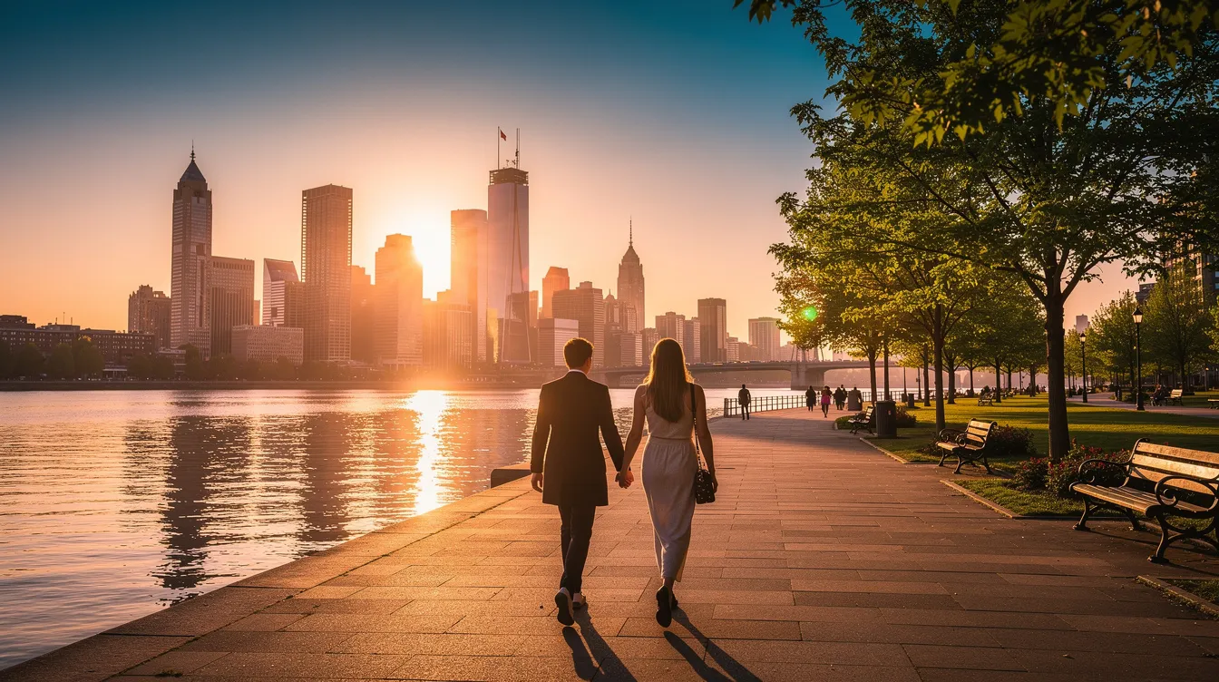 A couple enjoys a romantic evening stroll along the Schuylkill Riverfront path, with the Philadelphia skyline beautifully illuminated in the background during golden hour. The atmosphere feels special as they share conversation and laughter, making it a perfect setting for a date night in the city.