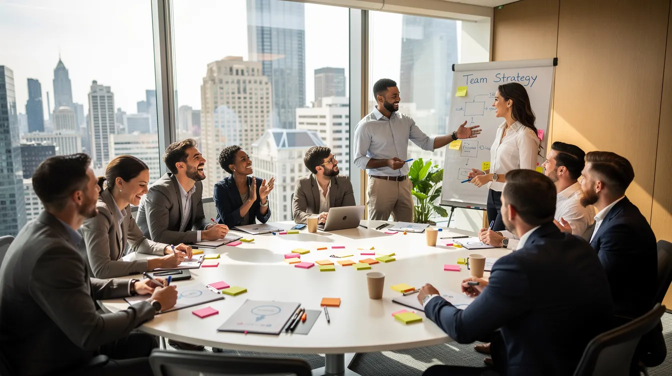 A group of team members engages in an interactive team building activity at a corporate event in downtown Denver, fostering teamwork and collaboration. The setting is lively, with participants enjoying friendly competition and problem-solving challenges that create an unforgettable event experience.