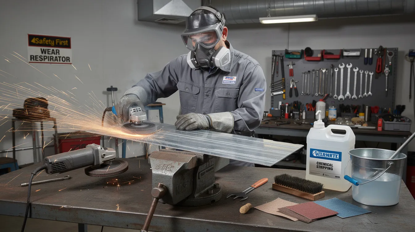 The image depicts a technician engaged in the welding process, specifically MIG welding sheet metal, as they carefully apply a welding gun to join thin metal pieces. The scene highlights the use of a shielding gas to protect the weld pool, ensuring a clean weld on the metal sheets.
