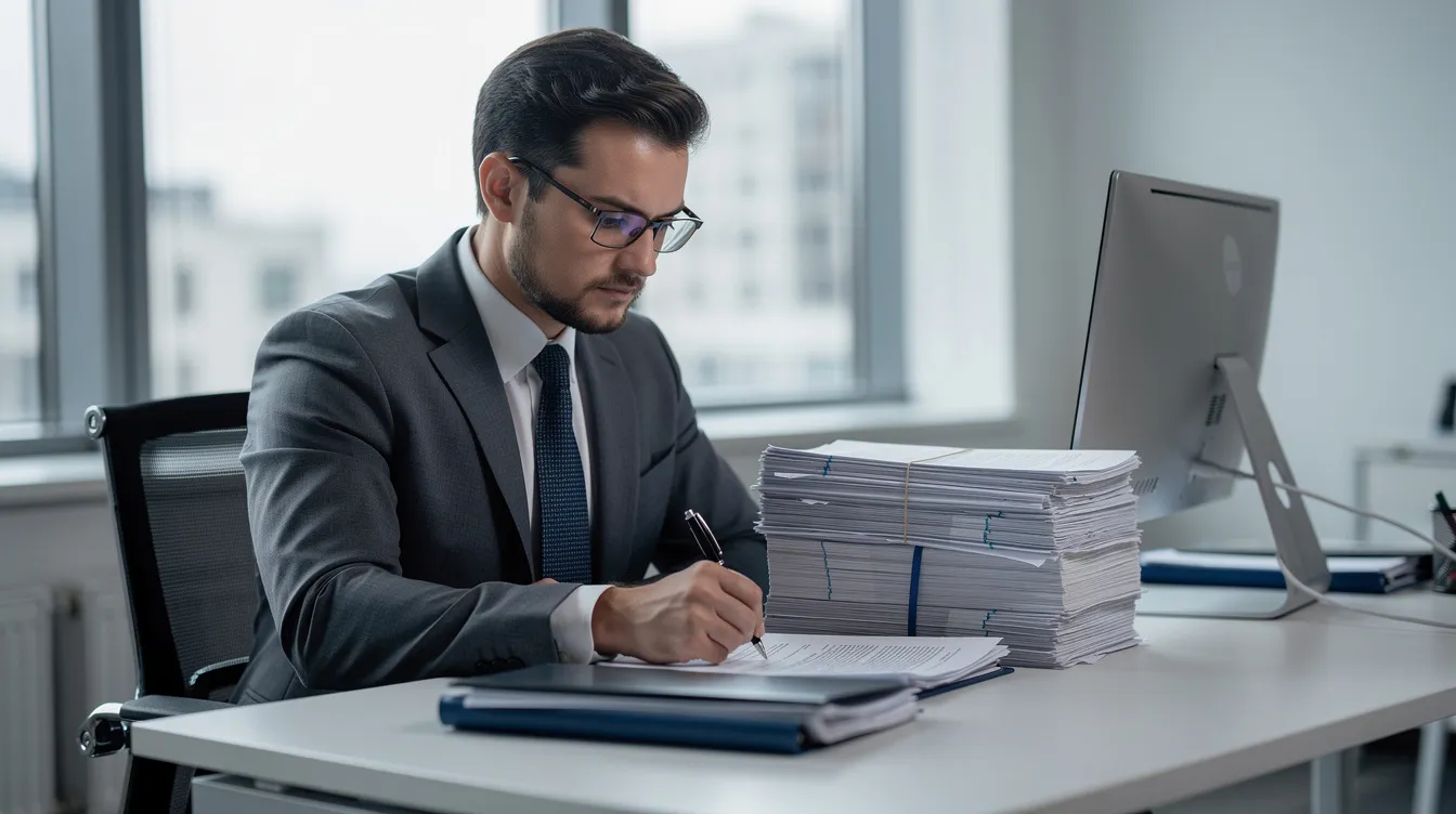 e8cb282c b34e 432d b191 80e4d2830237 A bank officer is seated at a desk, meticulously reviewing a stack of printed loan documents, which likely include a detailed project report and financial statements related to a business loan application. The scene emphasizes the importance of thorough analysis in the loan approval process, particularly for projects requiring careful evaluation of debt service coverage ratios and financial projections.