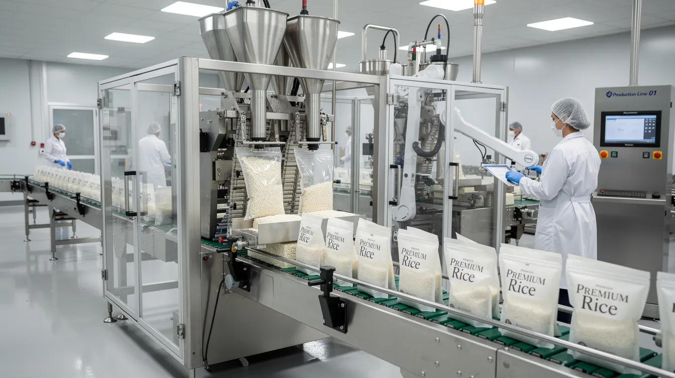 e8cceaff 133e 4ded bcc6 01df0103d42f The image depicts an automated packaging line in a clean factory environment, efficiently filling and sealing pouches of high-quality rice products. This advanced machinery is a crucial part of the rice milling industry, showcasing the integration of technology to enhance operations and meet high demand.