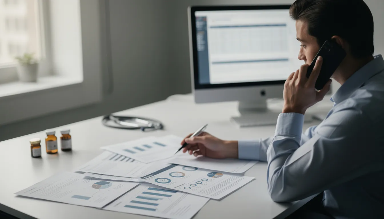 An individual is engaged in a phone call while reviewing medical documents related to a workers' compensation claim, potentially discussing their medical treatment and the role of their authorized treating physician. The scene emphasizes the importance of managing medical care and benefits for injured workers navigating the workers' compensation system.
