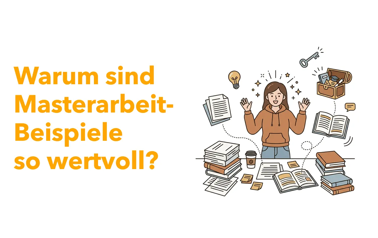 Illustration zum Wert von Masterarbeit-Beispielen: Studentin am Schreibtisch entdeckt mit Büchern, Notizen und Symbolen neue Ideen für ihre Abschlussarbeit