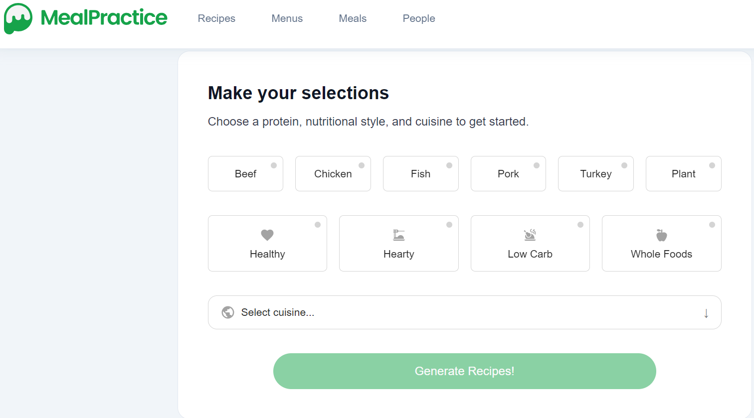 mealpractice ai recipe generator