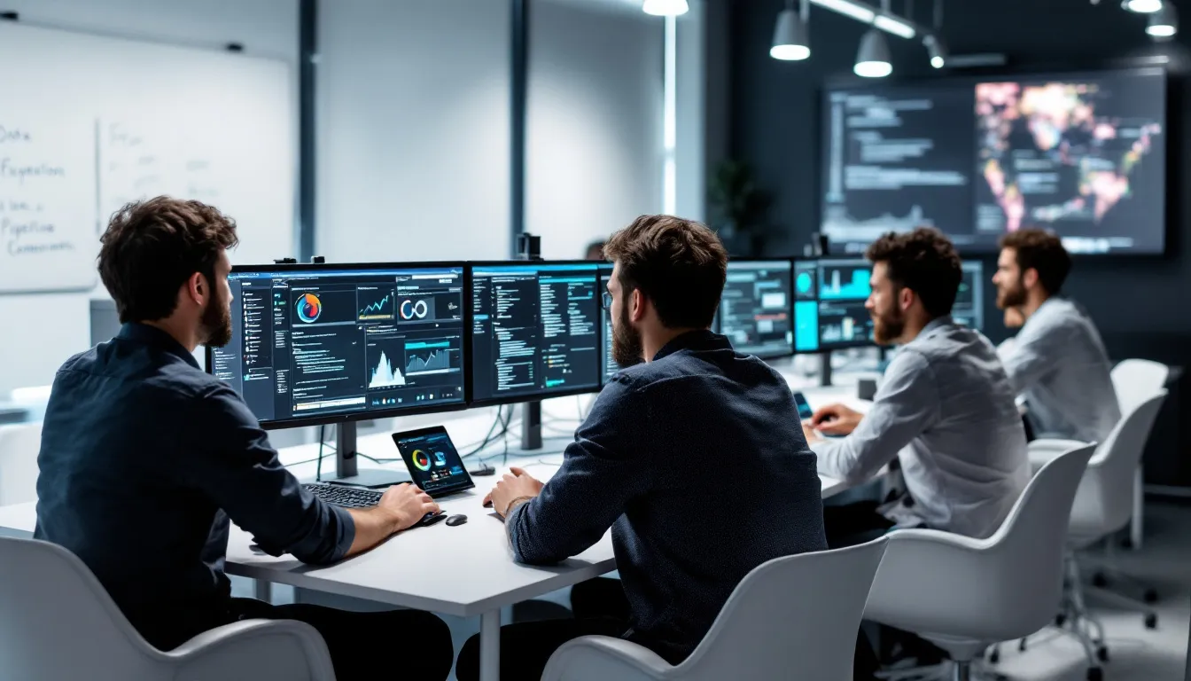 A team of data engineers collaborates around multiple monitors displaying dashboards and analytics interfaces related to data pipelines, showcasing data integration processes and real-time data replication. The environment emphasizes the use of Azure Data Factory for data transformation and seamless data movement.