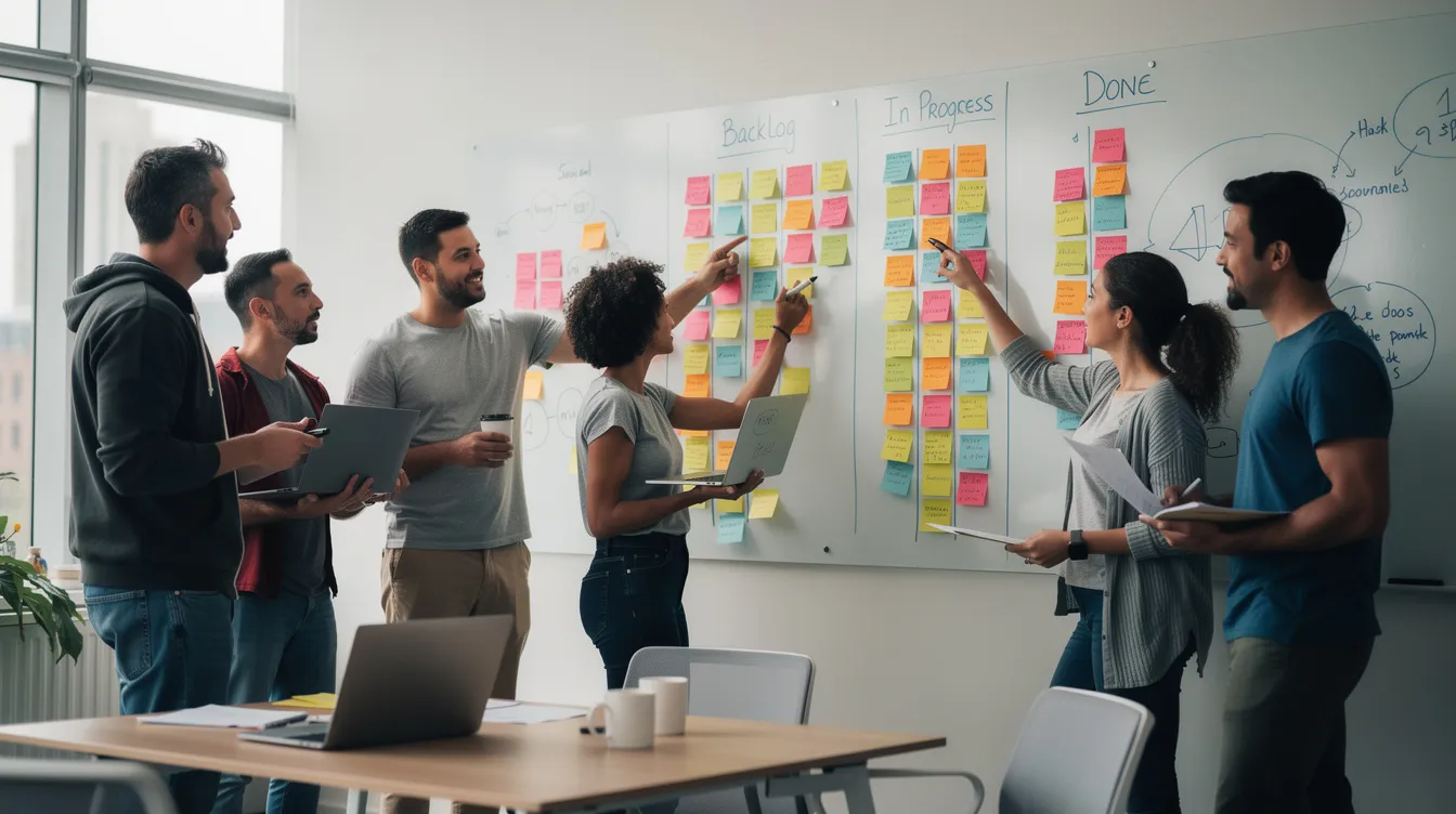 A team of developers collaborates around a whiteboard filled with organized sticky notes, discussing project-specific rules and coding standards. They focus on defining best practices for code organization and error handling in their ongoing project.