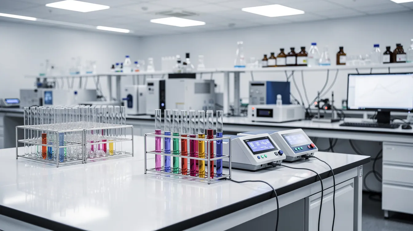 The image depicts a modern laboratory filled with various analytical equipment and test tubes, all illuminated by bright lighting, creating a clean and organized environment for conducting tests, possibly related to drug testing for substances like delta 9 THC and its metabolites. The setup suggests a focus on precision and accuracy in testing, which is crucial for obtaining reliable results in drug tests.