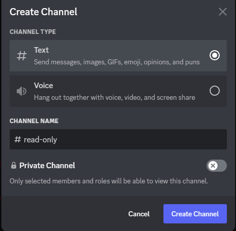 Picture showing the options available to customize your new channel on Discord