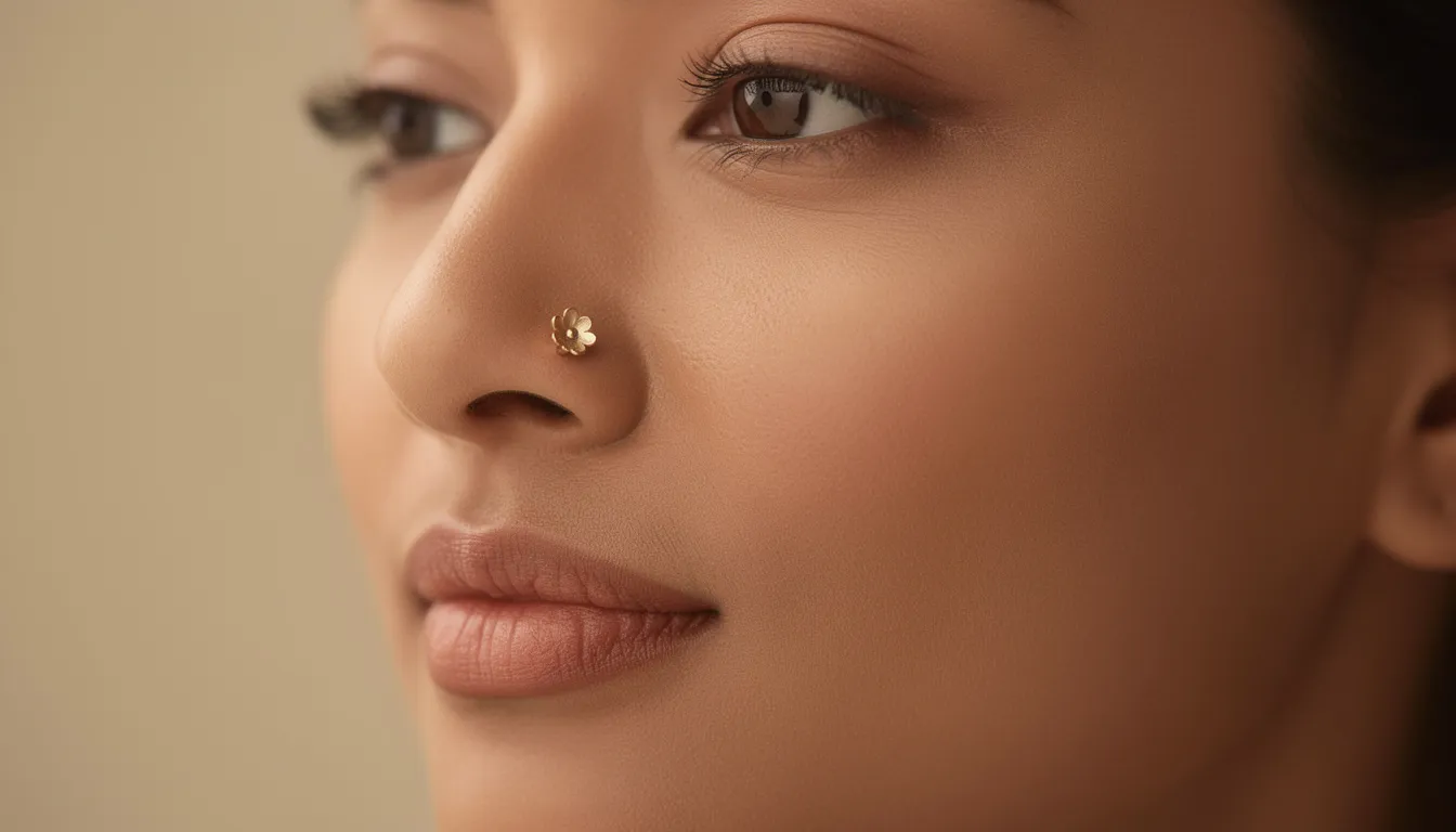 A close-up image of a delicate flower nose stud, showcasing its intricate design and craftsmanship. The nose stud, made from gold, symbolizes femininity and renewal, making it a perfect choice for those looking to express their individuality through nose piercings.