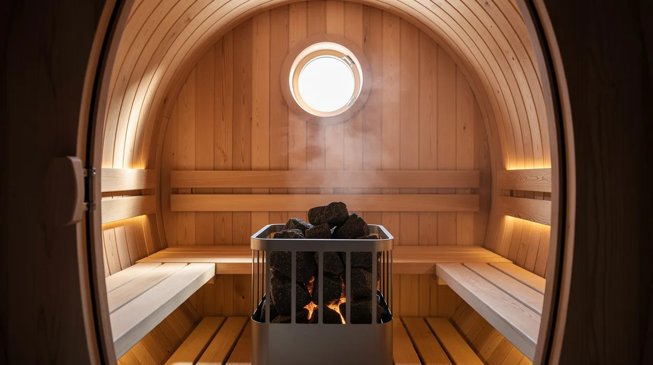 The image shows the interior of a barrel sauna featuring curved wooden walls and benches, along with a heater filled with stones, designed for efficient heat circulation. This compact space offers a traditional sauna experience, highlighting the benefits of barrel saunas in terms of energy efficiency and consistent warmth.