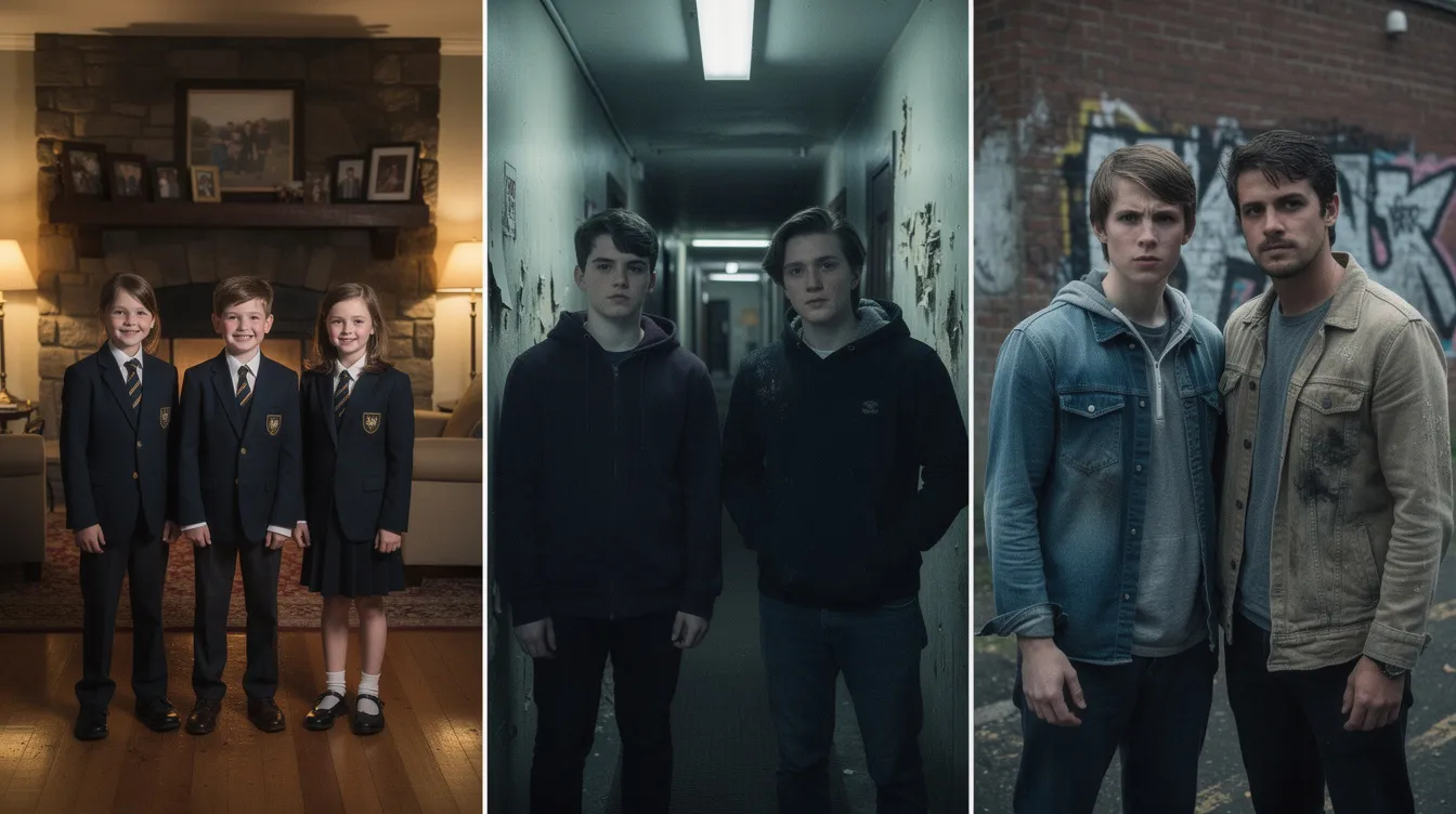 Das Bild zeigt drei Standbilder nebeneinander: Links lächeln drei Kinder in Schuluniformen vor einem Kamin, in der Mitte blicken drei Jugendliche ernst in einen dunklen Korridor, und rechts schauen drei junge Erwachsene in abgetragener Kleidung entschlossen in die Kamera. Diese Szenen könnten an die Abenteuer von Harry Potter und seinen Freunden erinnern, die in der Zauberschule Hogwarts viele Herausforderungen meistern müssen.