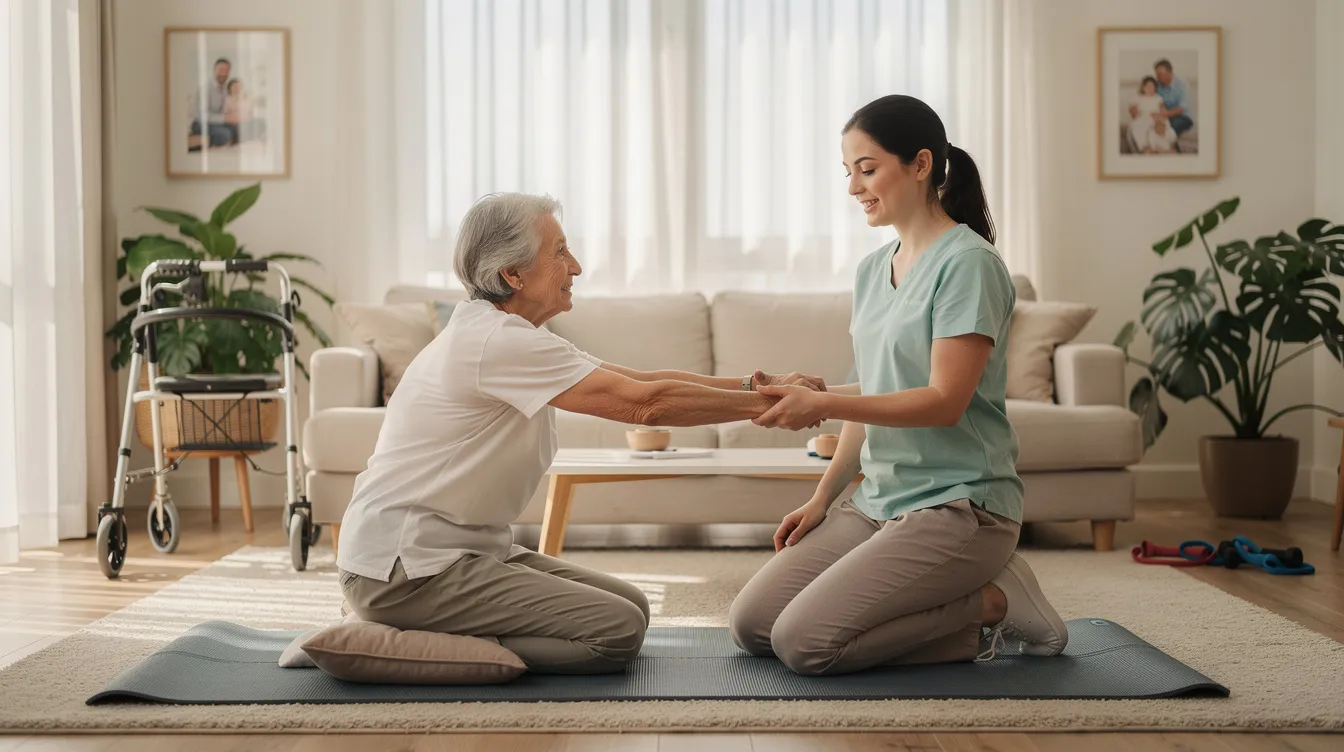 An elderly patient is engaged in gentle physiotherapy exercises in a bright and spacious living room, supported by a licensed physiotherapist. This home physiotherapy session focuses on managing chronic pain through tailored treatment plans and personalized attention, allowing for a comfortable and familiar environment that enhances recovery and mobility.