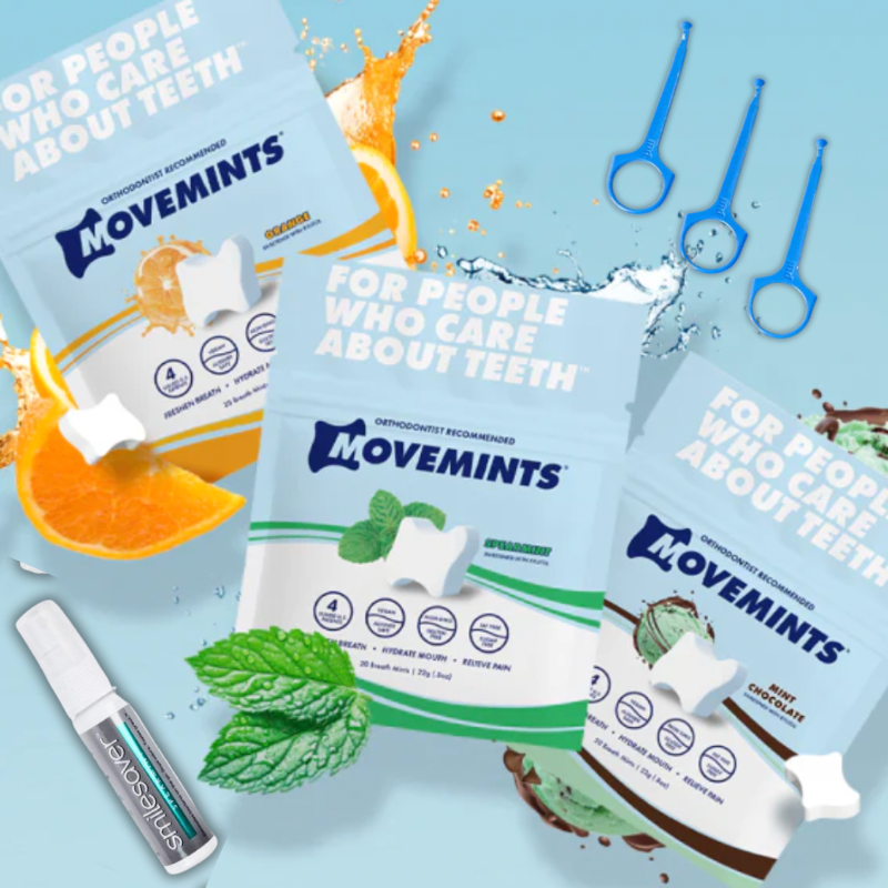 Picture of an Invisalign care bundle with Movemints, the perfect match for your clear aligner removal tool.