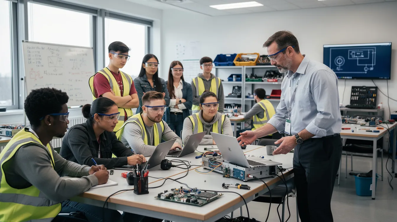 A group of apprentices in a technical classroom setting, participating in a lesson led by an instructor.