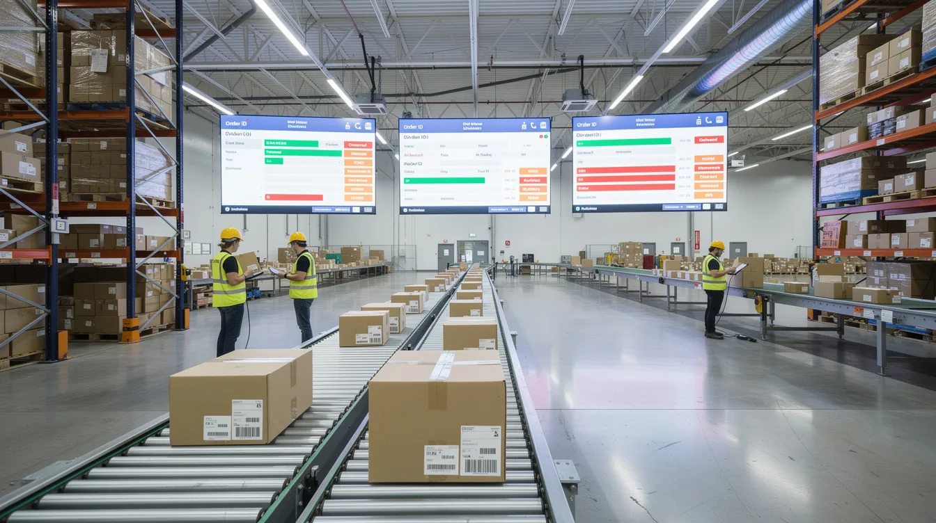The image depicts a modern warehouse where packages are efficiently moving along conveyor belts, while digital screens display real-time order tracking information, illustrating the processes of data transformation and analysis in a connected logistics environment.