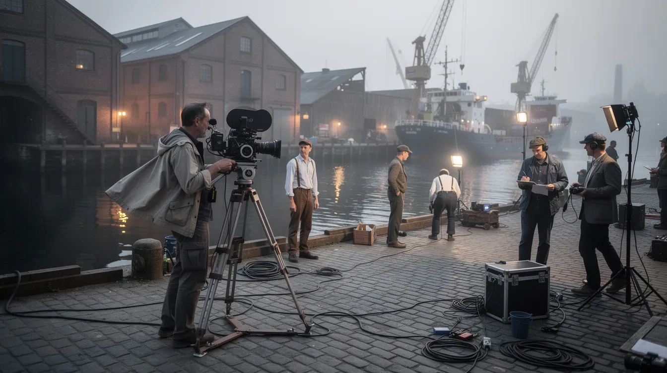 Die Filmcrew dreht an einem historischen Hafengelände, wo ein Kameramann mit einer großen Filmkamera im Vordergrund arbeitet, während Arbeiter und Schauspieler im Hintergrund zu sehen sind. Diese Szene erinnert an das Meisterwerk "On the Waterfront", das von Elia Kazan inszeniert wurde und Themen wie Arbeit und soziale Gerechtigkeit behandelt.