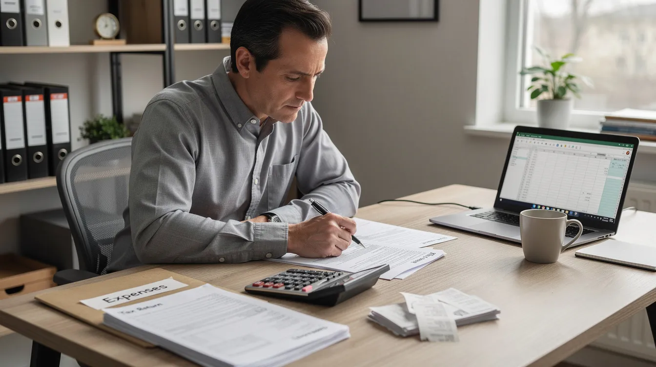 A business owner sits at a desk, carefully reviewing tax documents with a calculator beside them, likely assessing their employee retention credit (ERC) claims and wage expenses for the tax year. The scene captures the importance of understanding tax benefits and potential adjustments to ensure accurate income tax returns.