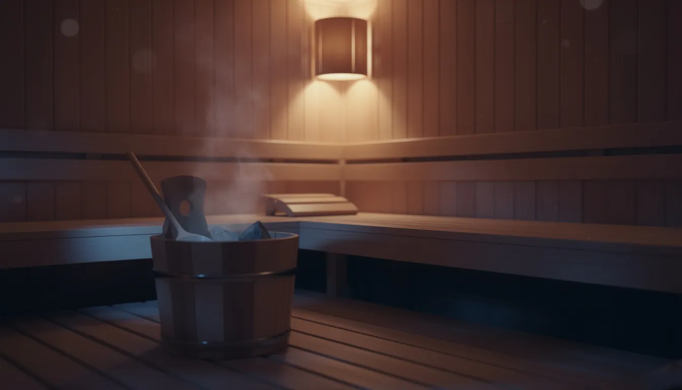 The image depicts a serene sauna environment, showcasing a traditional sauna with warm wooden interiors and soft ambient lighting, creating a tranquil atmosphere ideal for relaxation. The soothing sounds of nature and gentle music enhance the sauna experience, promoting relaxation and mental well-being, perfect for sleep prep and evening wind-down.