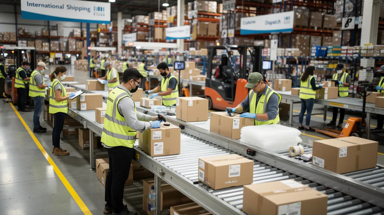 Warehouse workers are seen efficiently preparing international parcels for shipping, organizing various products that are essential for online sales across popular online marketplaces. The scene highlights the bustling activity involved in marketplace operations, ensuring timely delivery to a massive customer base.