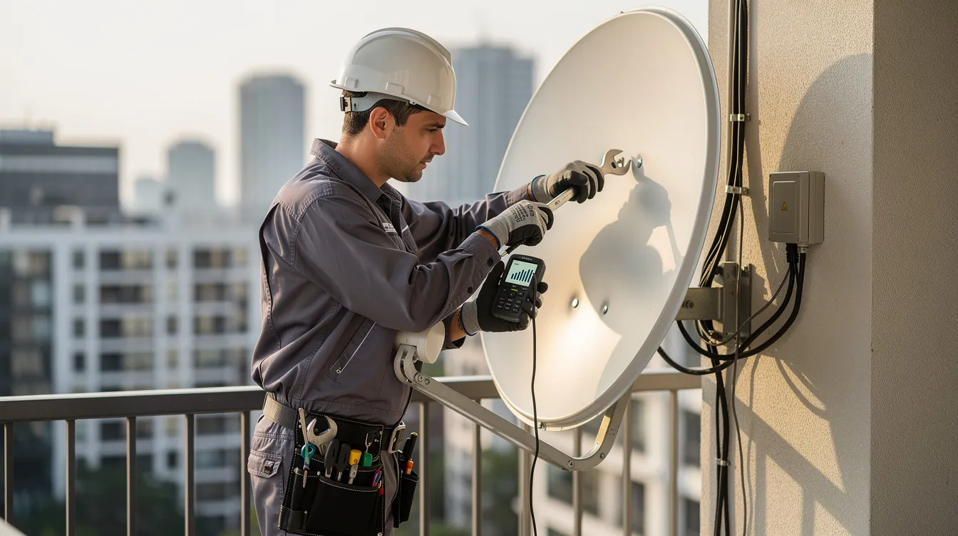 A professional technician is seen adjusting the alignment of a satellite dish on a balcony, ensuring optimal signal reception for a DSTV setup. This image highlights the expertise involved in DSTV installation services, emphasizing the importance of fine-tuning for quality service.
