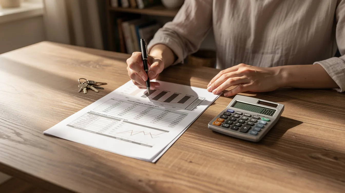 A person is seated at a wooden desk, reviewing financial documents and using a calculator, with house keys placed nearby. This scene reflects the considerations of real estate investing, particularly in evaluating potential rental income and the costs associated with buying an investment property.